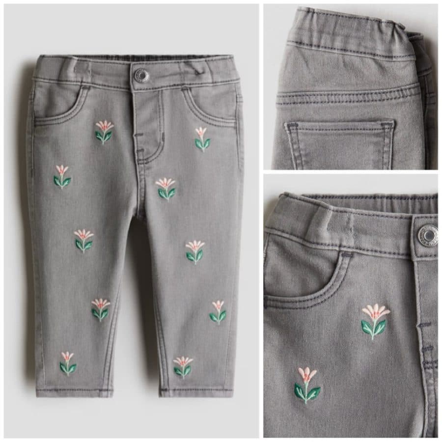 H&M SALE, Flower Embroidered Grey Jeans